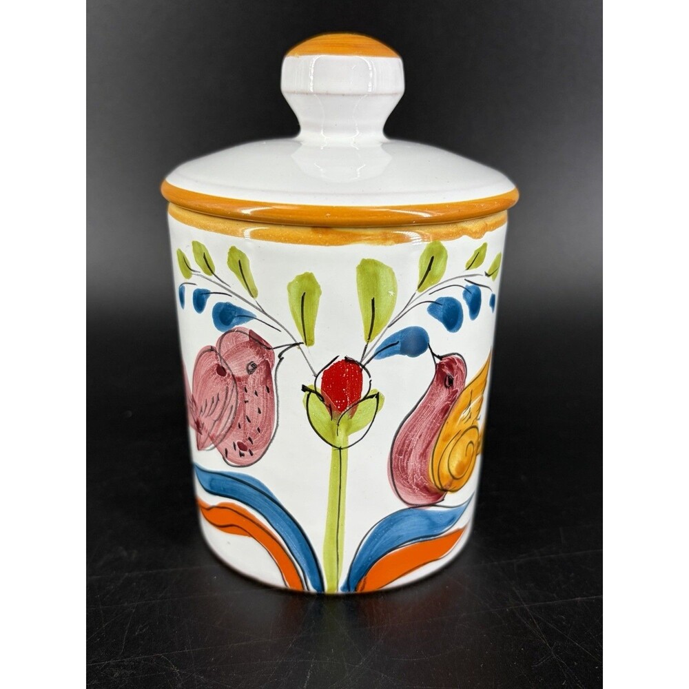 Italian Pottery Hand Painted Lidded Tea Canister Birds Flower Italy Vintage 70's